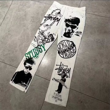 圖西2024ss新款多元素白色彩繪涂鴉系列微喇牛仔褲潮牌圖西單品潮