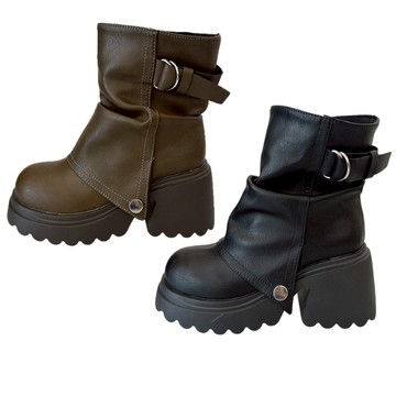 【白鳥麗子】【35-42全尺碼】粗跟靴 街頭抓摺皮革拼接襪套式圓頭短靴 店長推薦