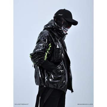 BANANAKILLER暗黑朋克亮PU皮衣防水工裝軍事鏡面撞色連帽夾克外套
