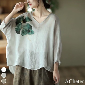 【ACheter】水墨花蝙蝠袖麻紗寬鬆上衣# 113138(現貨+預購)