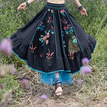 夏季新款云南民族風時尚復古繡花拼接網紗A字大擺顯瘦半身裙