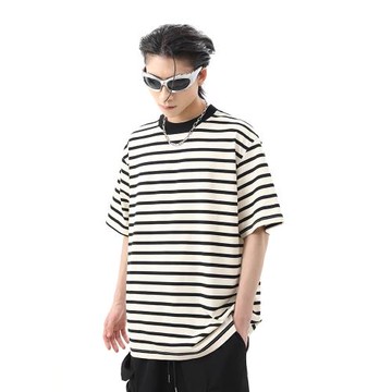 日系復古cityboy寬松條紋短袖t恤男夏季ins潮牌小領口情侶半袖tee