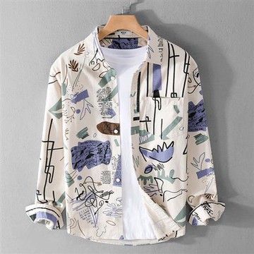 【米蘭精品】襯衫長袖上衣-寬鬆潮流印花舒適男裝2色74jt23