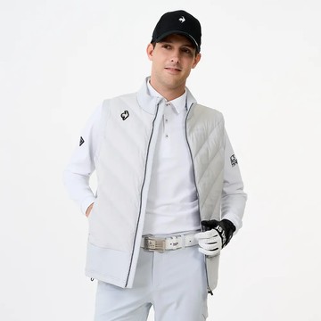 男款淺灰色時尚多功能口袋羽絨背心