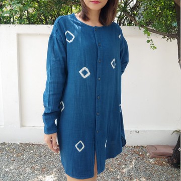 Long Shirt -  圓領長袖夏季靛藍紮染襯衫
