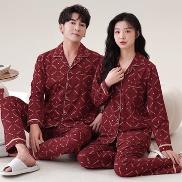 女套頭紅色喜慶結婚純棉情侶睡衣