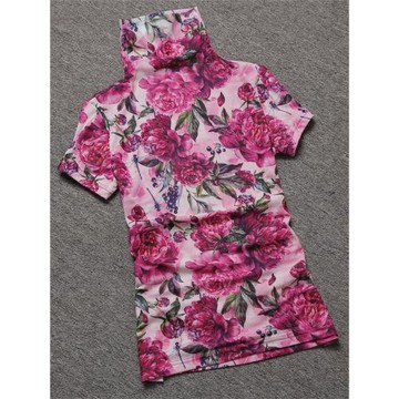 歐洲站短袖T恤女2025秋季新款花色大碼高領半袖上衣網紗打底衫