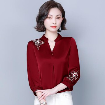 女士中年媽媽時尚紅色真絲襯衫