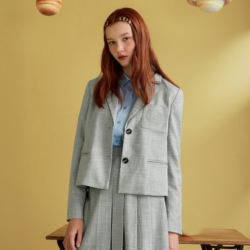 OUWEY歐薇 學院感格紋校徽刺繡西裝外套(灰色；S-L)3233394713