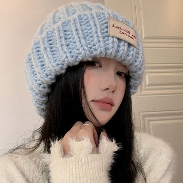 大头围贴布蓝色针织帽  大頭圍針織帽 毛線帽 保暖帽子 毛线帽 秋冬季显脸小 百搭帽子 护耳冷帽 多色 百搭帽子 冷帽