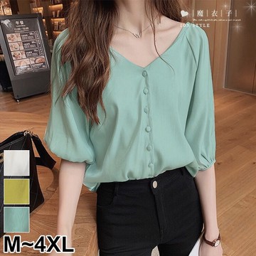 【QV2933】魔衣子-純色V領燈籠袖襯衫娃娃衫