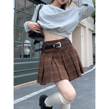 【高腰顯瘦】學院風格紋灰色半身裙 百褶裙 女 冬季 復古 毛呢 防走光 A字裙 短裙 高腰短裙 高腰A字裙 A字裙短裙
