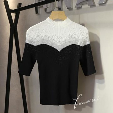 2025春夏新款小香風重工燙鉆撞色修身半高領短袖針織衫女內搭上衣