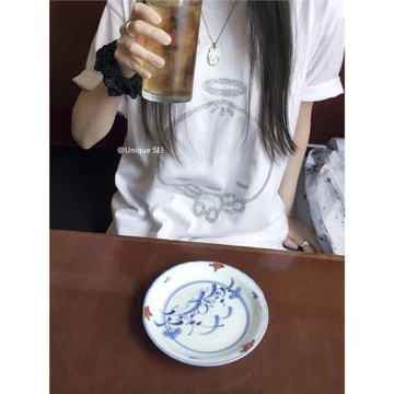 Unique SEI 夏季新款圓領可愛印花減齡寬松上衣顯瘦百搭短袖T恤女