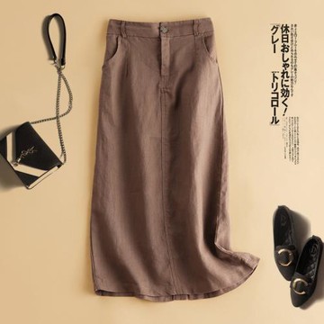 日系外貿出口尾單棉麻半身裙女夏中長款高腰一步裙顯瘦亞麻A字裙