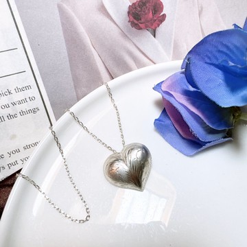 【西洋古董飾品】銀雕金全925純銀 收藏美立體愛心手工雕刻銀項鍊