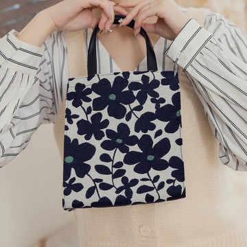日本製-尾州織 栽出小花園便當袋手提袋-深藍