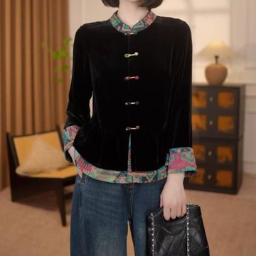 新中式國風絲絨外套女2025新款春秋盤扣上衣媽媽裝洋氣減齡小衫潮