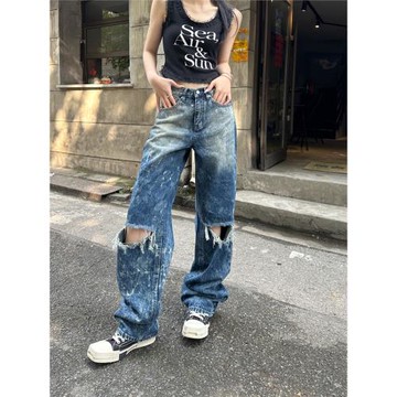 Tristine2024春夏小眾噴染設計感高街炸街率性水洗破洞牛仔褲女