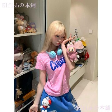 美式復古星星字母印花短袖T恤夏季新款女寬鬆休閒百搭圓領上衣潮t恤 韓版上衣 ins 風 短袖t恤 t