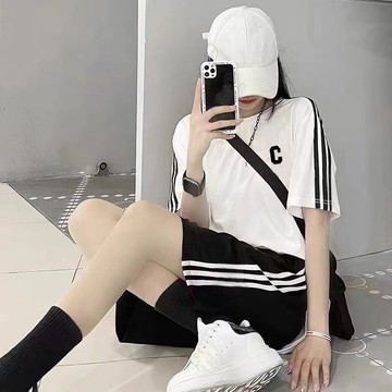 台灣出貨 純棉短袖T恤女短褲兩件套時尚休閒運動套裝女士新款大碼寬鬆顯瘦休閒套裝女 大尺碼套裝 女生套裝 短袖短褲套裝