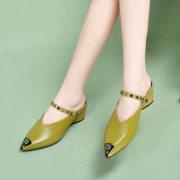 真皮拖鞋女夏季半包頭中跟時尚外穿2025年新款尖頭拖粗跟涼鞋網紅