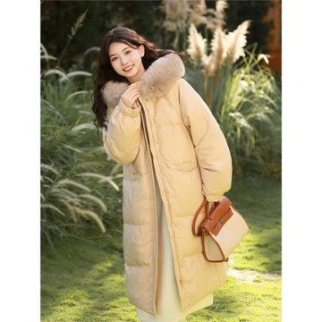 素色左岸粉色連帽毛領羽絨服女中長款2025年冬季新款白鴨絨外套