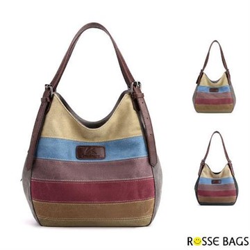 【Rosse Bags】日常外出拼色條紋百搭多格層帆布托特包(現+預  黑色／灰色)