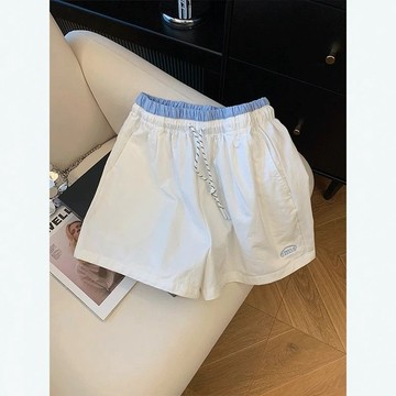 臺灣出貨 韓版鬆弛感白色褲子小個子抽繩寬鬆慵懶風休閒運動短褲女新款美式短褲 五分褲  女短褲