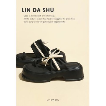 【林大叔】蝴蝶結一字帶高跟鞋夏季仙女風套趾松糕厚底涼拖鞋外穿