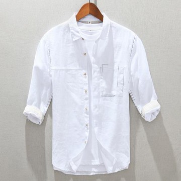 夏季男中國風亞麻長袖襯衫復古休閑青年純麻襯衣寬松外搭寸衫上衣
