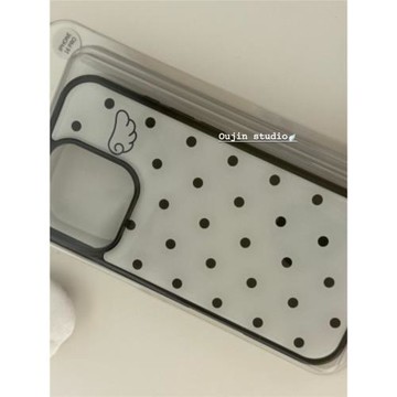 韓系ins黑白波點配色天使翅膀適用iphone17/16pro/15/14promax蘋果13黑邊亞克力玻璃殼卡通保護套