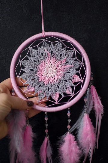 粉灰色曼陀羅捕夢網|粉色鉤針桌巾捕夢網มันดาลา