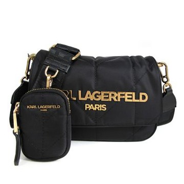 KARL LAGERFELD VOYAGE 立體金字LOGO绗縫尼龍防潑水1+1斜背包(黑色)