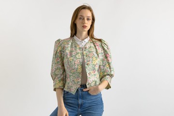 奧地利民族風花卉服飾連衣裙 Oktoberfest 巴伐利亞米色民族風夾克 7094