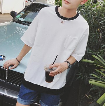 FINDSENSE 時尚潮流 男 簡約 寬鬆 口袋 中袖 休閑外搭上衣 短袖T恤 中袖T恤