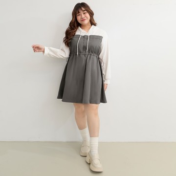 假兩件抽繩連帽長袖短洋裝