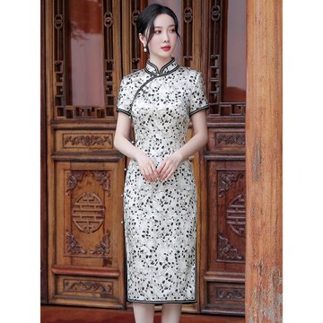 重磅碎花真絲旗袍2025夏季新款中款小個子年輕款日常復古高端氣質