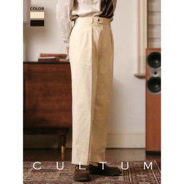 CULTUM純棉燈芯絨復古直筒高腰單褶西褲男士休閑純色長褲西裝褲子