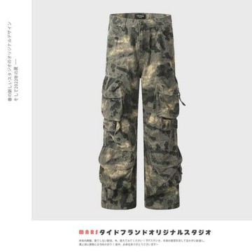 MARS美式復古迷霧蔓延多口袋暈染迷彩褲男女寬松直筒休閑工裝褲