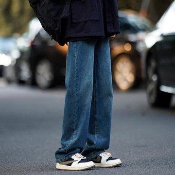 藍色牛仔褲男水洗做舊美式高街褲子男款春秋寬松闊腿褲直筒休閑褲