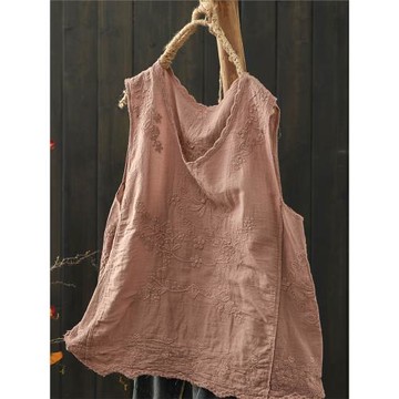 默念文藝森女繡花棉質背心女寬松2023夏款花邊領套頭無袖打底上衣