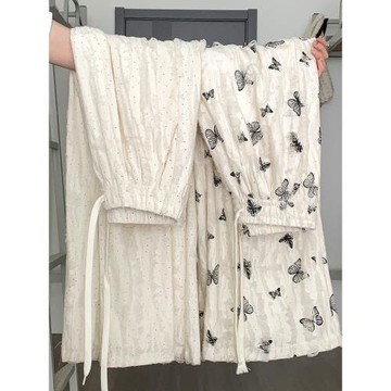 白色蝴蝶破洞山本褲女夏季薄款高腰垂感休閑帶鉆小個子破洞闊腿褲