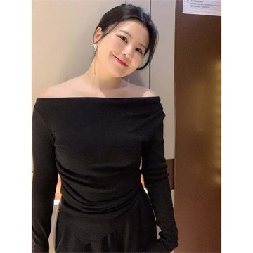 ML茉樂大碼微胖2025春夏季新款一字肩上衣不規則設計感針織打底衫