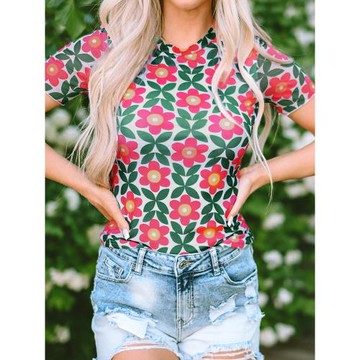 夏季新款半袖圓領套頭衫女歐美時尚印花修身顯瘦百搭短袖T恤女