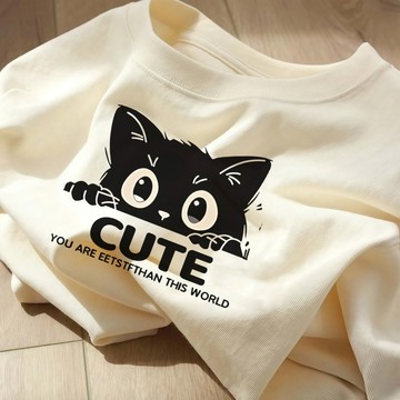 2天出貨 寬鬆短袖T恤  小貓印花  短袖T女 短T 純棉T shirt  夏季穿搭 oversize大尺碼上衣 ZD