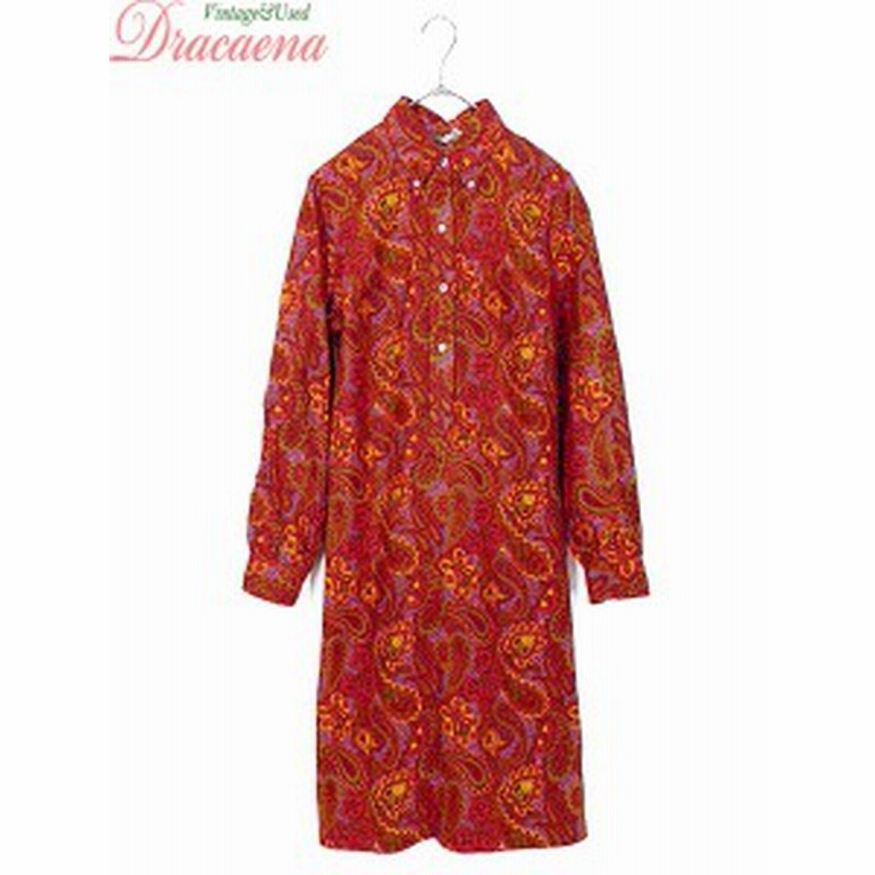 古着 レディース ワンピース 70ｓ 総柄 ペイズリー 赤 オレンジ Aライン シャツワンピ ボタンダウン サイケデリック 古着 通販 Lineポイント最大1 0 Get Lineショッピング