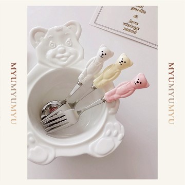 隔日到貨｜小熊湯匙叉子組 304不鏽鋼餐具 兒童可愛餐具 湯叉攪拌匙 點心叉 寶寶學習餐具｜MYUMYU 沐慕家居 台灣