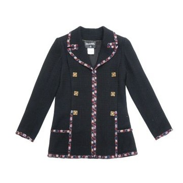 二手品 Chanel 香奈兒 山茶花鑲邊拜占庭鈕釦翻領毛呢外套#40(黑)
