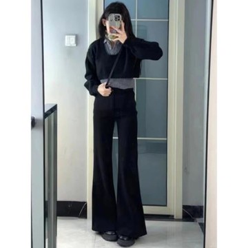 黑色微喇牛仔褲女春秋2025新款小個子不貼腿彈力顯瘦高腰喇叭褲子